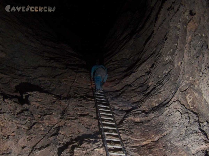 Hirlatzhöhle: Auf dem Weg nach Westen, die 60m hohe Leiterhalle.