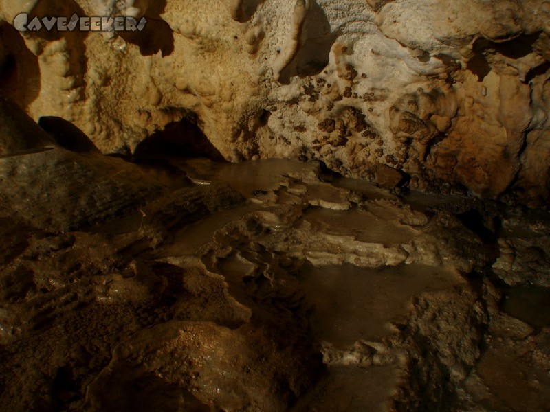 Mammuthöhle: Man beachte das auf dem Wasser schwimmende Material. Der Höhlenforscher weiss wohl, um was es sich handelt. Wir vermuten Kalk, welcher dazu dient, die Sinterbecken zu vergrößern.