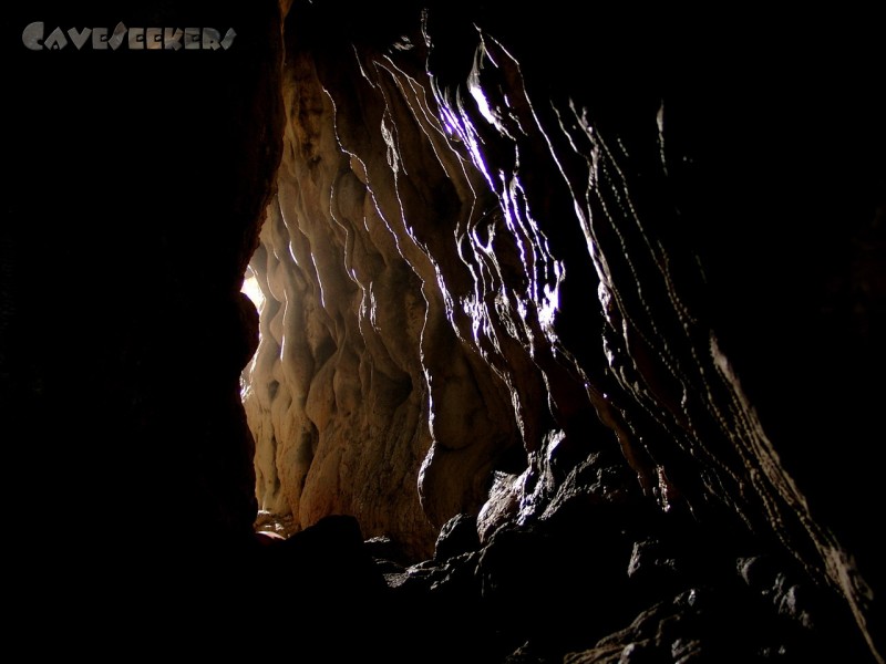 Meanderhöhle F.: Erster Blick ins Innere. Zwei Meter hinter dem Eingang.